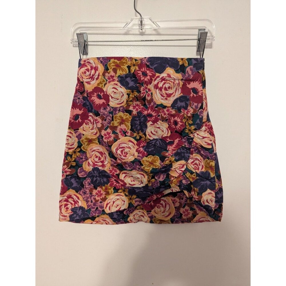 ZARA Multi Color Printed Ruched Floral Mini Skirt Cotton S 2803/605 Side Zip